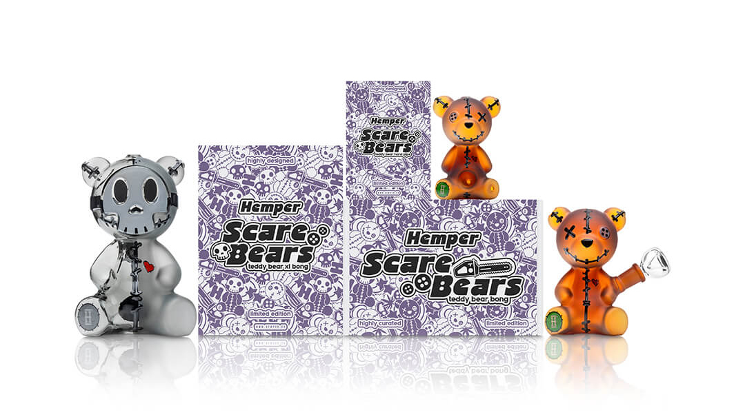 Hemper Scare Bears teddy bear hand pipe, bong and XL bong in frosted gray and amber with spooky packaging