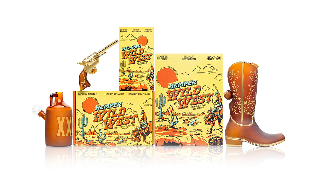 Hemper Wild West jug bong, revolver hand pipe and cowboy boot XL bong with desert yellow packaging