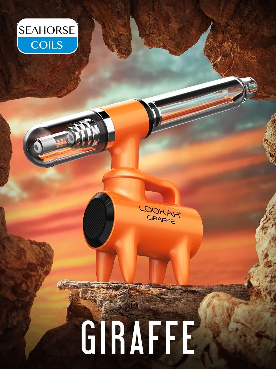 Lookah Giraffe vertical electric dab straw in orange with freestanding four-leg base and glass mouthpiece