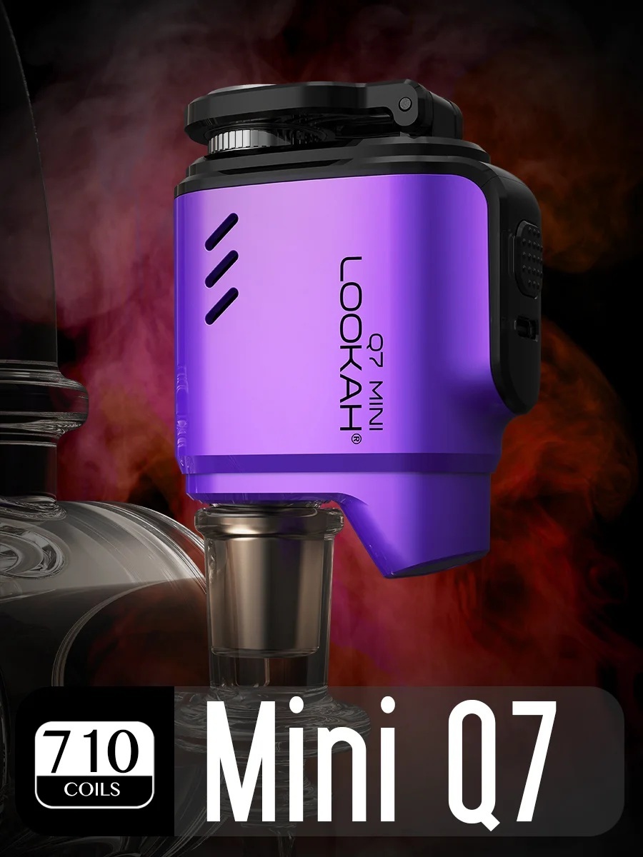 Lookah Q7 Mini purple e-nail attachment mounted on water pipe joint with 710-coil badge