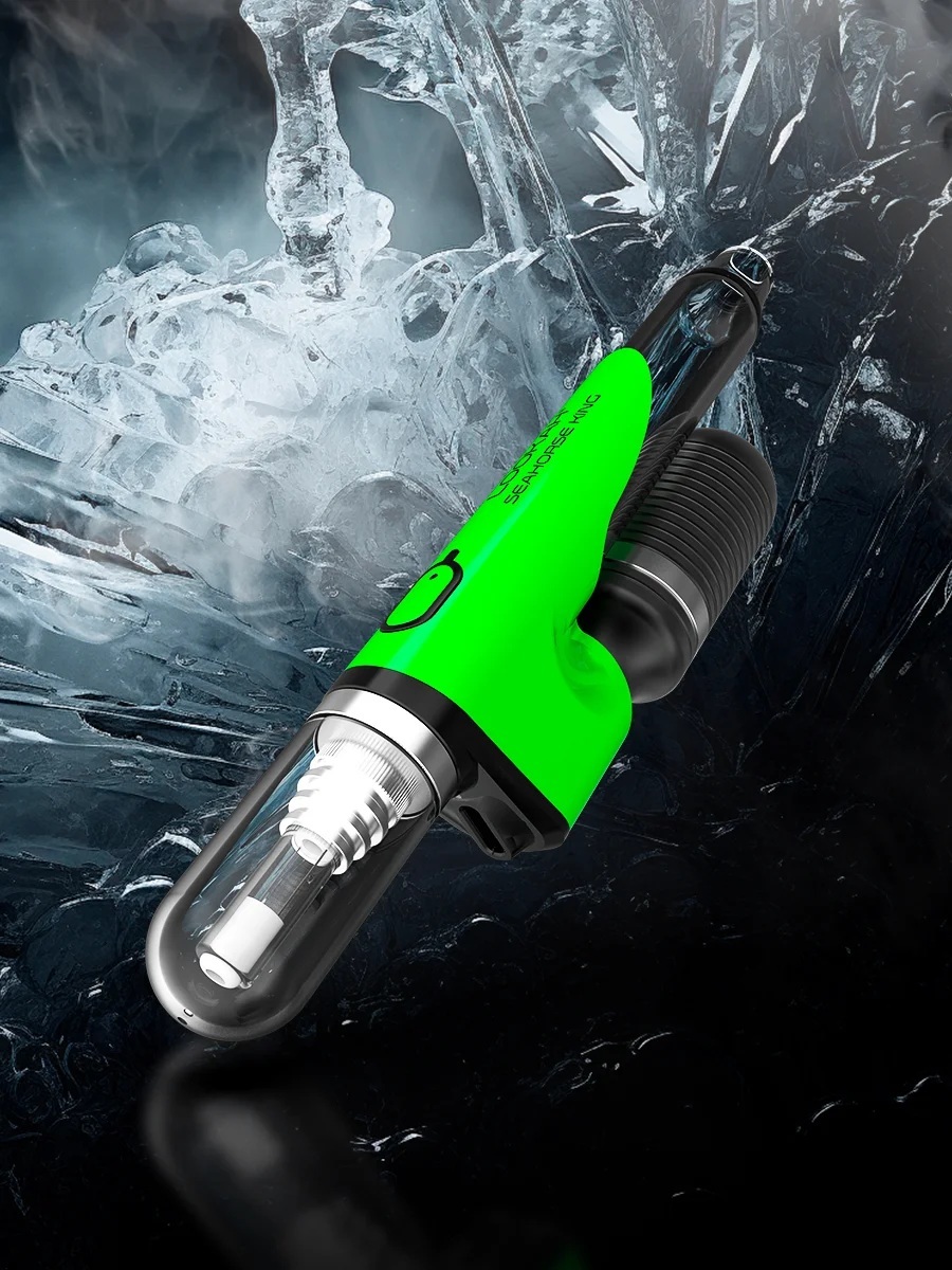 Lookah Seahorse King neon green electric nectar straw with glass tip and protective globe against icy background