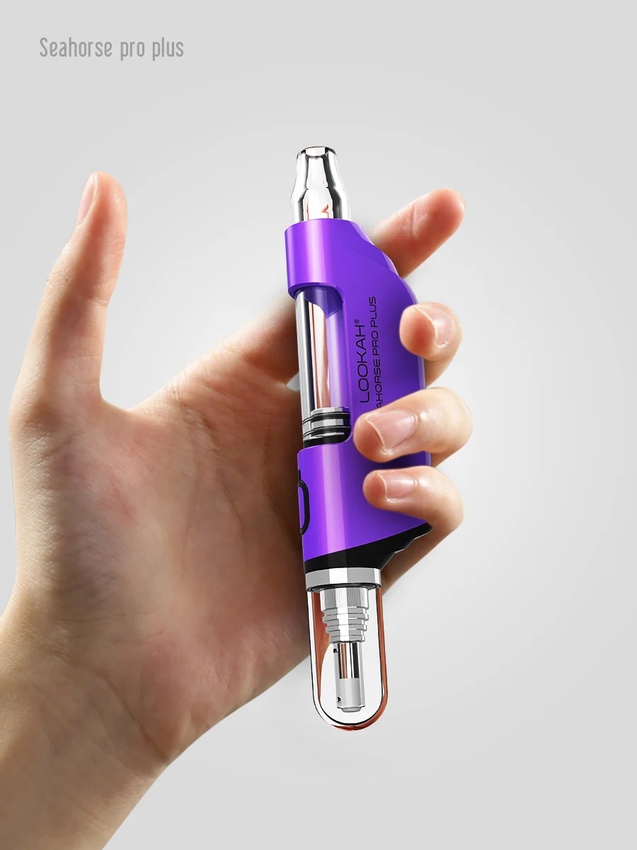 Lookah Seahorse Pro Plus electric dab straw in purple held in hand showing glass vapor path and tip guard