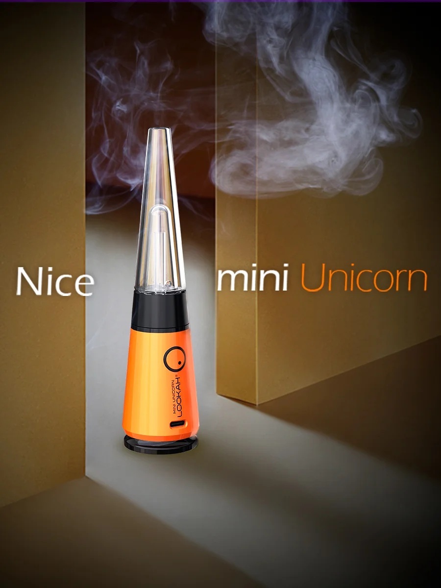 Lookah Unicorn Mini portable mini e-rig in orange finish with vertical glass bubbler and soft vapor plume