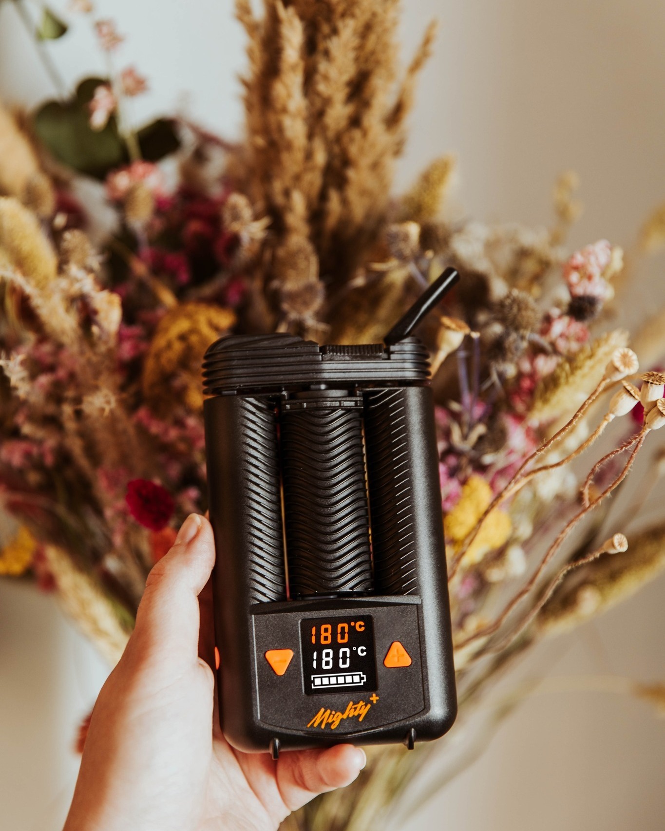 Storz & Bickel MIGHTY+ portable dry herb vaporizer with rugged black housing and cooling unit