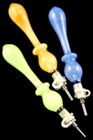 Bulk colorful glass nectar straws in purple, yellow and green.