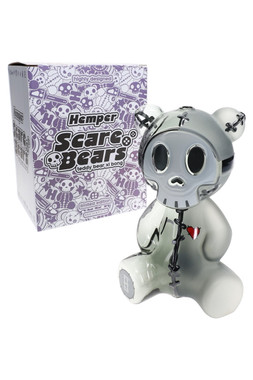 Frosted gray Scare Bears XL teddy bear bong with stitched face, red heart, and purple retail box
