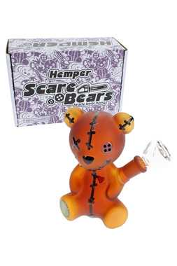 Amber Scare Bears teddy bear bong with stitched details and purple retail box