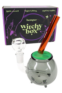 Small Hemper cauldron bong with green top, amber mouthpiece, and Witchy Box packaging