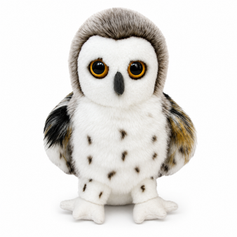 Auswella® Glacier™ Elegant Snowy Owl Plush with soft white and gray plush fur, lifelike golden eyes, detailed wings, and realistic snowy owl markings. This 12-inch premium stuffed animal is shown from the front on a clean white background, highlighting its collectible craftsmanship and cuddly design.