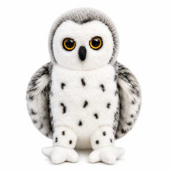 Auswella® Hedwig™ Elegant Snowy Owl Plush featuring soft white and gray plush fur, lifelike golden eyes, detailed wings, and realistic snowy owl markings. The 12-inch stuffed owl is shown from the front on a clean white background.