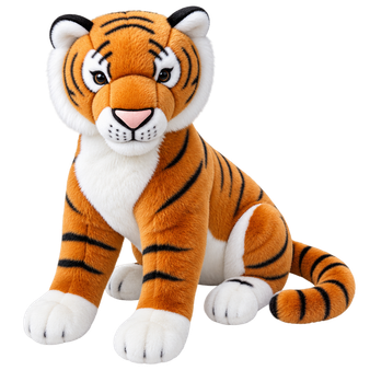 Auswella Plush Kenya 25-inch realistic tiger stuffed animal with orange and black stripes, white chest and paws, sitting on a white background
