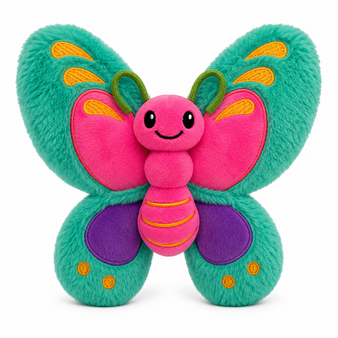 Auswella blue butterfly plush stuffed animal with colorful wings, soft cuddly design, embroidered details, and interactive finger band for pretend flying play.
