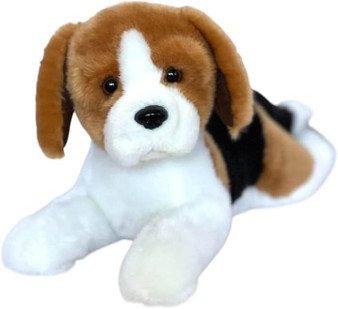 Auswella 15 inch realistic Beagle plush dog stuffed animal with soft brown, black and white fur, floppy ears and lying down pose.