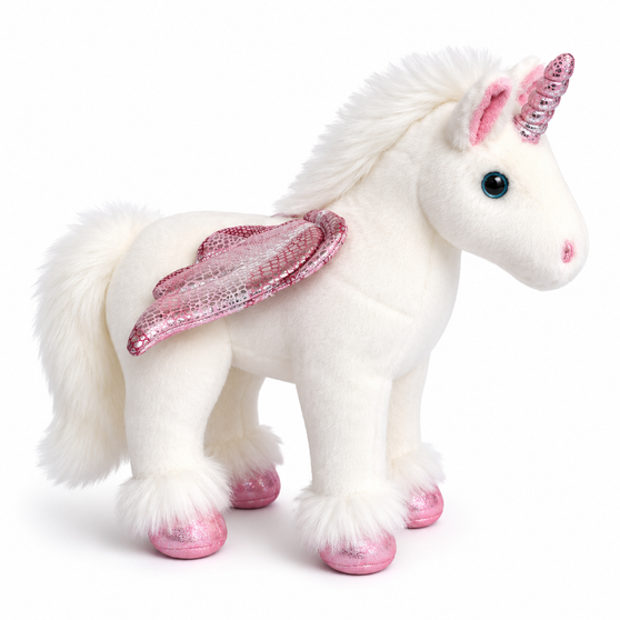 **Alt Image Text:**

**Auswella® Sparkle™ Winged Unicorn Plush** featuring ultra-soft white plush fur, a shimmering pink unicorn horn, sparkling pink wings, fluffy white mane and tail, and embroidered facial details. The 12-inch standing unicorn is shown in a side profile on a clean white background, highlighting its premium craftsmanship and magical design.
