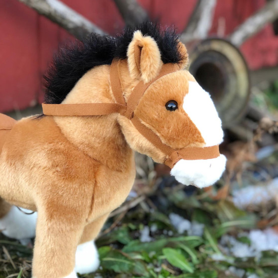 Auswella Plush 17-inch Copper Penny golden brown horse stuffed animal with white markings, black mane and tail, saddle and bridle.