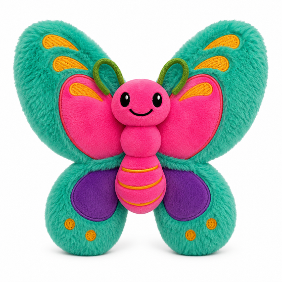 Auswella blue butterfly plush stuffed animal with colorful wings, soft cuddly design, embroidered details, and interactive finger band for pretend flying play.