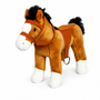 Auswella Plush 12-inch chestnut brown standing pony stuffed animal with black mane and tail, white hooves, saddle and bridle for kids ages 3+.