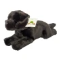 **Auswella® Black Labrador Retriever Plush** lying in a relaxed pose on a clean white background. The plush features ultra-soft black fur, floppy ears, a rounded muzzle, glossy black safety eyes, and detailed embroidered nose. The realistic stuffed dog is shown from a three-quarter front angle, highlighting its lifelike craftsmanship and cuddly design.