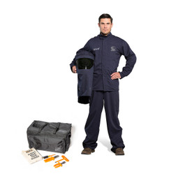 OEL AFW60L-NJB Navy Premium Layered Indura Cotton Blend 60 Cal/cm2 Jacket and Bib Overall Kit with Switchgear Hood and Lights