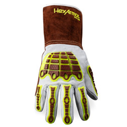 HexArmor 5055 HeatArmor White/Brown HeatHide Leather A6 Cut Level Arc Flash Welding Gloves - 12 Pair
