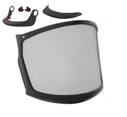 kit components, metal mesh visor, carrier, adapters, peak brim