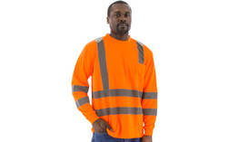 Majestic Glove 75-5355 100% Bird's Eye Mesh Polyester Deluxe Moisture Wicking Double Stripe Long Sleeves T-Shirt - orange, front