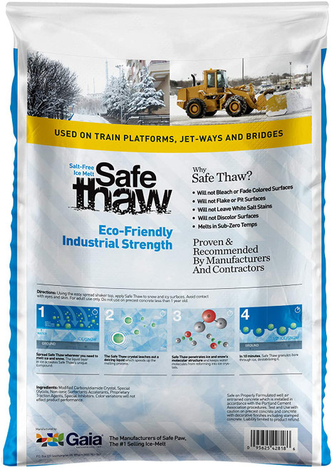 Gaia Safe Thaw 91043 Solid Salt Free Non-Corrosive Non-Conductive Ice Melter. 43 lb bag. Back of bag.