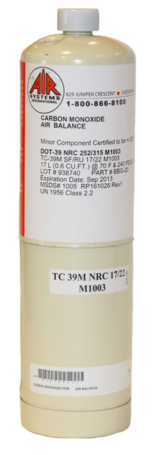 Air Systems Replacement CO Calibration Gas Cylinder, Multiple Mass Values Available