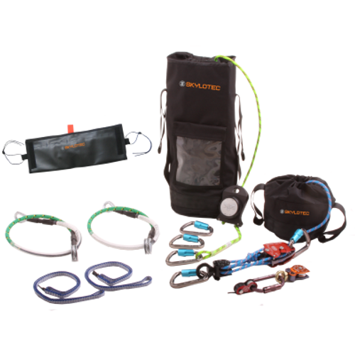 Skylotec SET-900007 One Size Fit All A-330 Escape and Rescue Kit with Deus A-330 Descent Device, 350 ft of 7.5 mm Poly/Tech Rope, (3) Aluminum Carabiners, 2-ROW 4 ft Anchors, Edge Protector, SMA RTU Kit, Tower Bag - Each