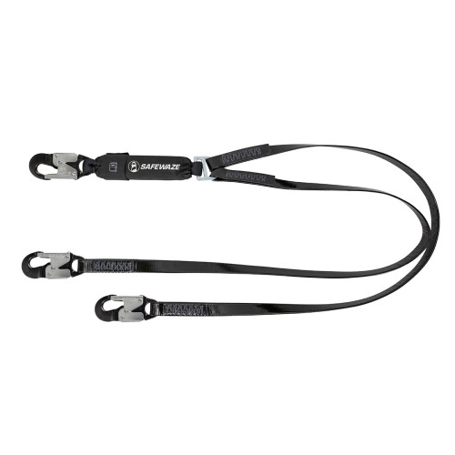 SAFEWAZE PRO-Shield 6′ Energy Absorbing Lanyard: Dual Leg, Aluminum Snap or Rebar Hook Option