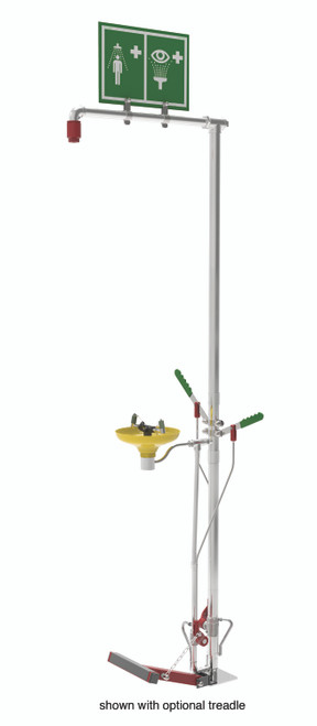 Floor Mounted Outdoor Self-Draining Safety Shower with Eye/Face Wash and Galvanized Pipe shown with optional treadle