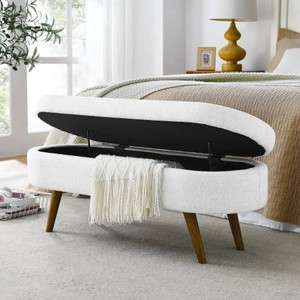 Mid-Century Modern Boho Style White Linen End of Bed Storage Bench Q280-SLFESB981362547