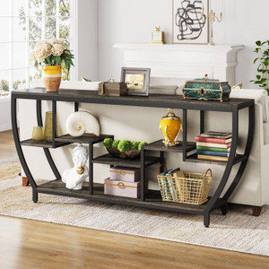Modern Industrial 70-inch Long Narrow Console Sofa Table with Black Wood Shelves Q280-BLKESFTB15949328