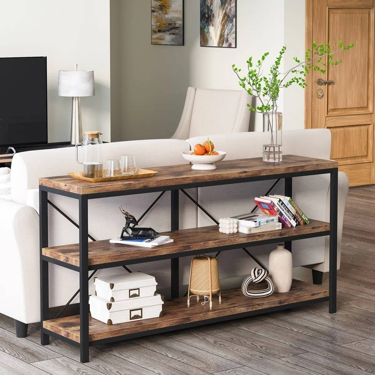 Industrial 55-inch Wood Shelf Console Sofa Table with Sturdy Black Metal Frame Q280-RSCTND1295847