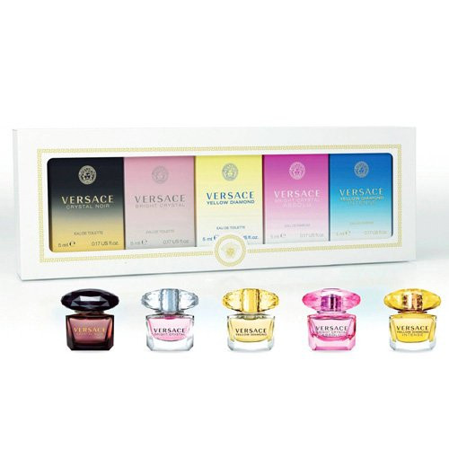 VERSACE 5 PCS MINI SET FOR WOMEN: BRIGHT CRYSTAL 0.17 EAU DE TOILETTE + BRIGHT CRYSTAL ABSOLU 0.17 EAU DE TOILETTE + YELLOW DIAMOND INTENSE 0.17 EAU DE PARFUM + YELLOW DIAMOND 0.17 EAU DE TOILETTE + CRYSTAL NOIR 0.17 EAU DE TOILETTE