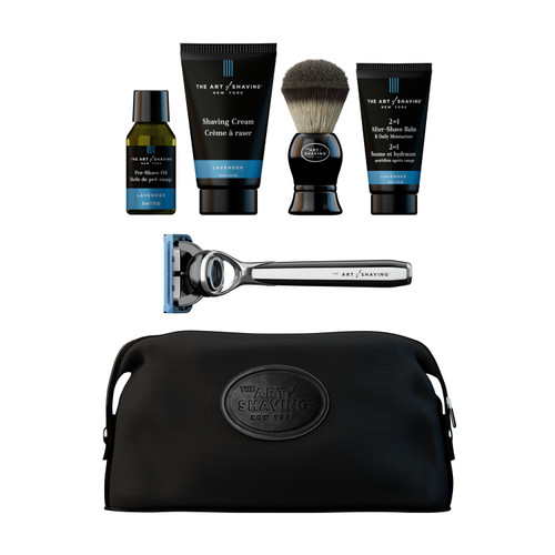 THE ART OF SHAVING LAVENDER 6 PCS TRAVEL SET: PRE-SHAVE OIL 1 OZ + SHAVING CREAM 1.5 OZ + AFTER-SHAVE BALM 1 OZ + SHAVING BRUSH + RAZOR + TRAVEL BAG