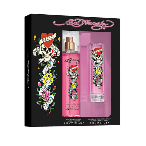 ED HARDY 2 PCS SET FOR WOMEN: 1 OZ EAU DE PARFUM SPRAY + 8 OZ FRAGRANCE MIST SPRAY (WINDOW)