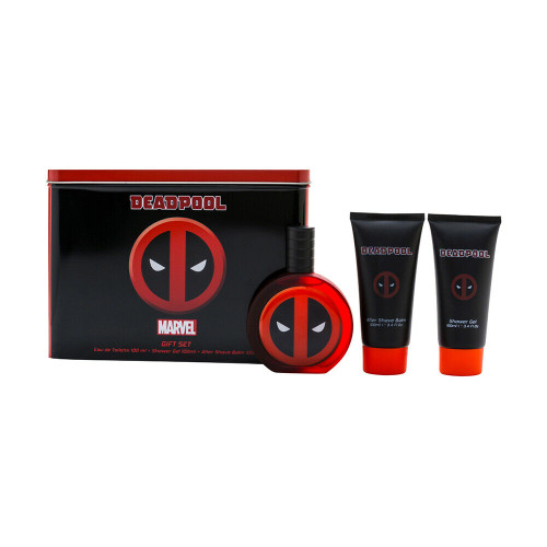 MARVEL DEADPOOL TIN 3 PCS SET FOR MEN: 3.4 EAU DE TOILETTE SPRAY + 3.4 SHOWER GEL + 3.4 AFTER SHAVE BALM