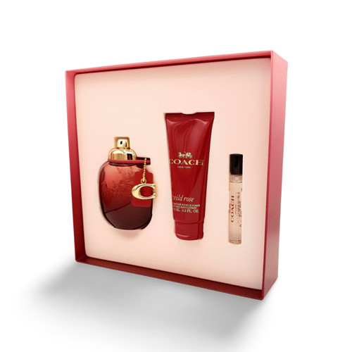 COACH WILD ROSE 3 PCS SET FOR WOMEN: 3 OZ EAU DE PARFUM + 0.25 EAU DE PARFUM + 3.3 BODY LOTION.