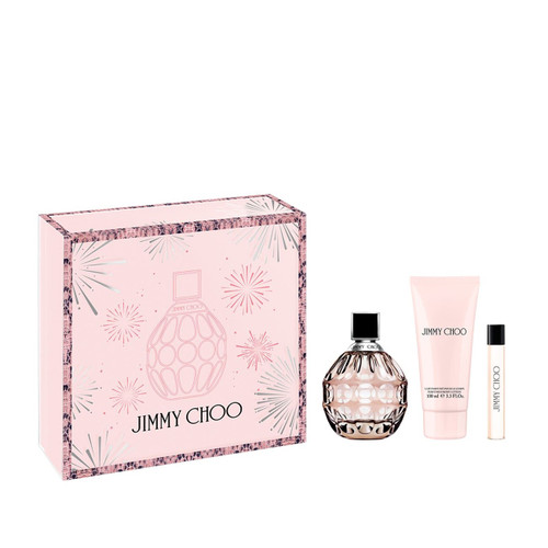 JIMMY CHOO 3 PCS SET FOR WOMEN: 3.3 EAU DE PARFUM SPRAY + 0.25 EAU DE PARFUM SPRAY + 3.3 BODY LOTION.