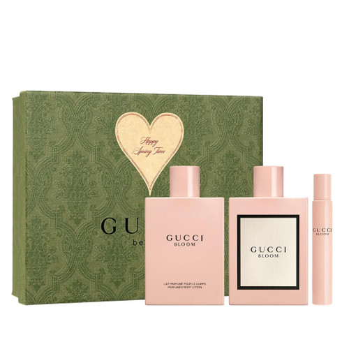 GUCCI BLOOM 3 PCS SET: 3.3 EAU DE PARFUM SPRAY + 3.3 PERFUMED BODY LOTION + .33 EAU DE PARFUM SPRAY (HARD BOX)