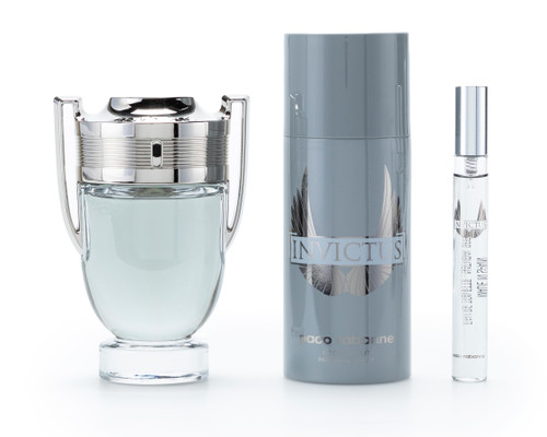 PACO RABANNE INVICTUS 3 PCS SET FOR MEN: 3.4 EAU DE TOILETTE SPRAY + 5.1 DEODORANT SPRAY + 0.34 EAU DE TOILETTE SPRAY. PACO RABANNE INVICTUS 3 PCS SET FOR MEN: 3.4 EAU DE TOILETTE SPRAY + 5.1 DEODORANT SPRAY + 0.34 EAU DE TOILETTE SPRAY.