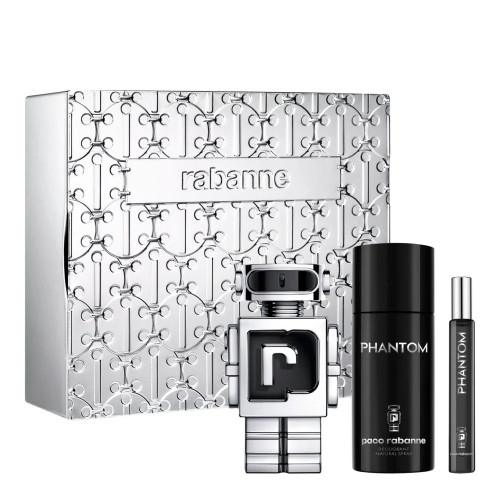 PACO RABANNE PHANTOM 3 PCS SET FOR MEN: 3.4 EAU DE TOILETTE SPRAY + 5.1 DEODORANT SPRAY + 0.34 EAU DE TOILETTE SPRAY.