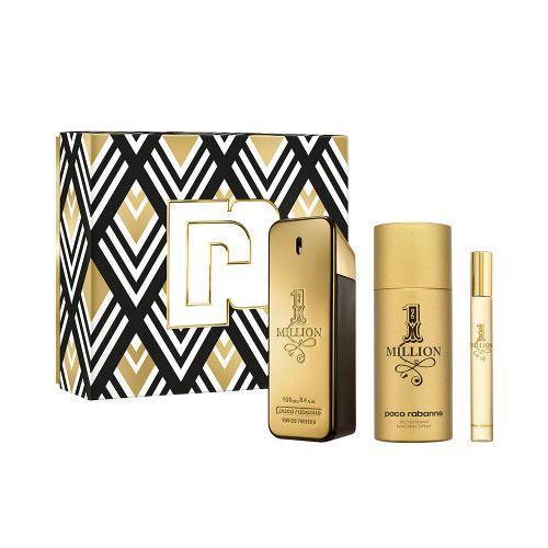 PACO RABANNE ONE MILLION 3 PCS SET FOR MEN: 3.4 EAU DE TOILETTE SPRAY + 5.1 DEODORANT SPRAY + 0.34 EAU DE TOILETTE. PACO RABANNE ONE MILLION 3 PCS SET FOR MEN: 3.4 EAU DE TOILETTE SPRAY + 5.1 DEODORANT SPRAY + 0.34 EAU DE TOILETTE.