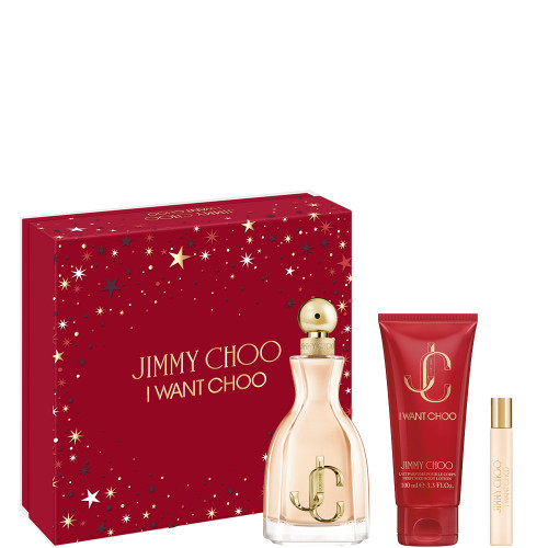 JIMMY CHOO I WANT CHOO 3 PCS SET FOR WOMEN: 3.3 EAU DE PARFUM SPRAY + 0.25 EAU DE PARFUM SPRAY + 3.3 BODY LOTION.