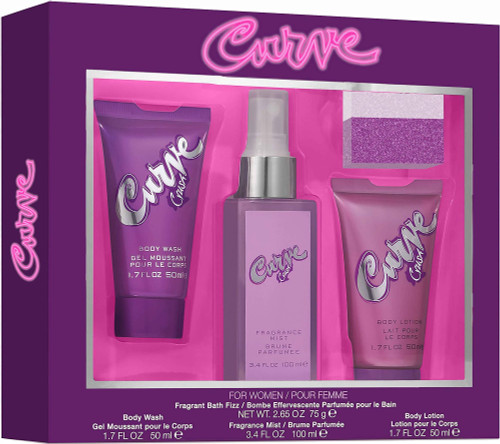 CURVE CRUSH 4 PCS GIFT SET FOR WOMEN: 1.7 BODY WASH GEL + 3.4 FRAGRANCE MIST + 1.7 BODY LOTION + 2.65 SHOWER STEAMER.