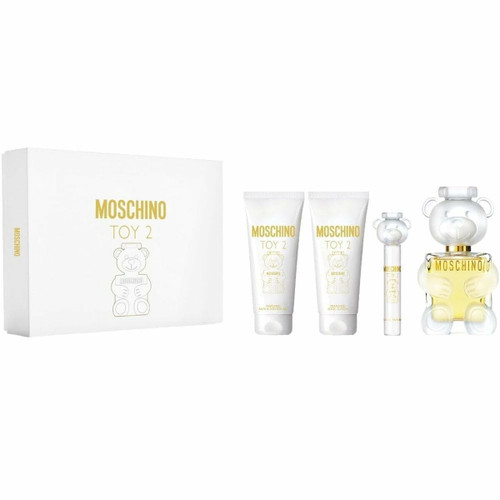 MOSCHINO TOY 2 4 PCS SET: 3.4 EAU DE PARFUM SPRAY + 0.3 OZ EAU DE PARFUM TRAVEL SPRAY +  3.4 PERFUMED BODY LOTION + 3.4 PERFUMED BATH & SHOWER GEL (HARD BOX.)