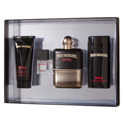 TRUE RELIGION DRIFTER 4 PCS SET FOR MEN: 3.4 EDT SP + 3OZ S/G + 2.75 DEOD STCK + 1/4 OZ EDT SP