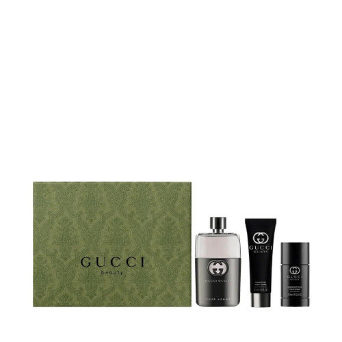 GUCCI GUILTY 3 PCS SET FOR MEN: 3 OZ EAU DE TOILETTE SPRAY + 2.5 DEODORANT STICK + 1.7 SHOWER GEL GUCCI GUILTY 3 PCS SET FOR MEN: 3 OZ EAU DE TOILETTE SPRAY + 2.5 DEODORANT STICK + 1.7 SHOWER GEL