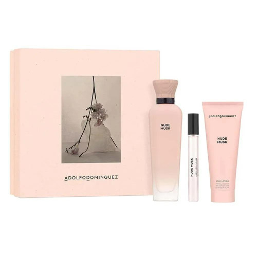 ADOLFO DOMINGUEZ NUDE MUSK 3 PCS SET FOR WOMEN: 4 OZ EAU DE PARFUM SPRAY + 0.33 EAU DE PARFUM SPRAY + 2.5 BODY LOTION